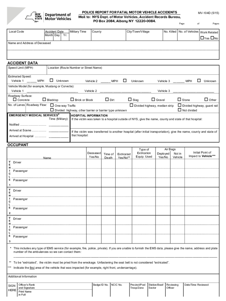 Form Mv 104D – Police Report For Fatal Motor Vehicle Regarding Motor Vehicle Accident Report Form Template