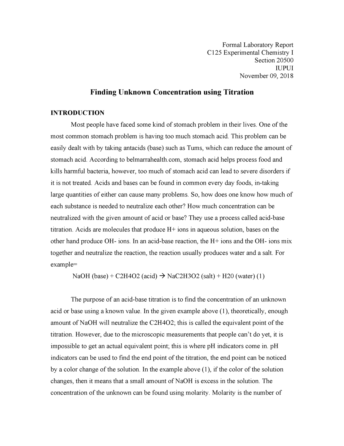 Formal Lab Report Of Vinegar Lab – Chem C125 – Iupui – Studocu Regarding Formal Lab Report Template