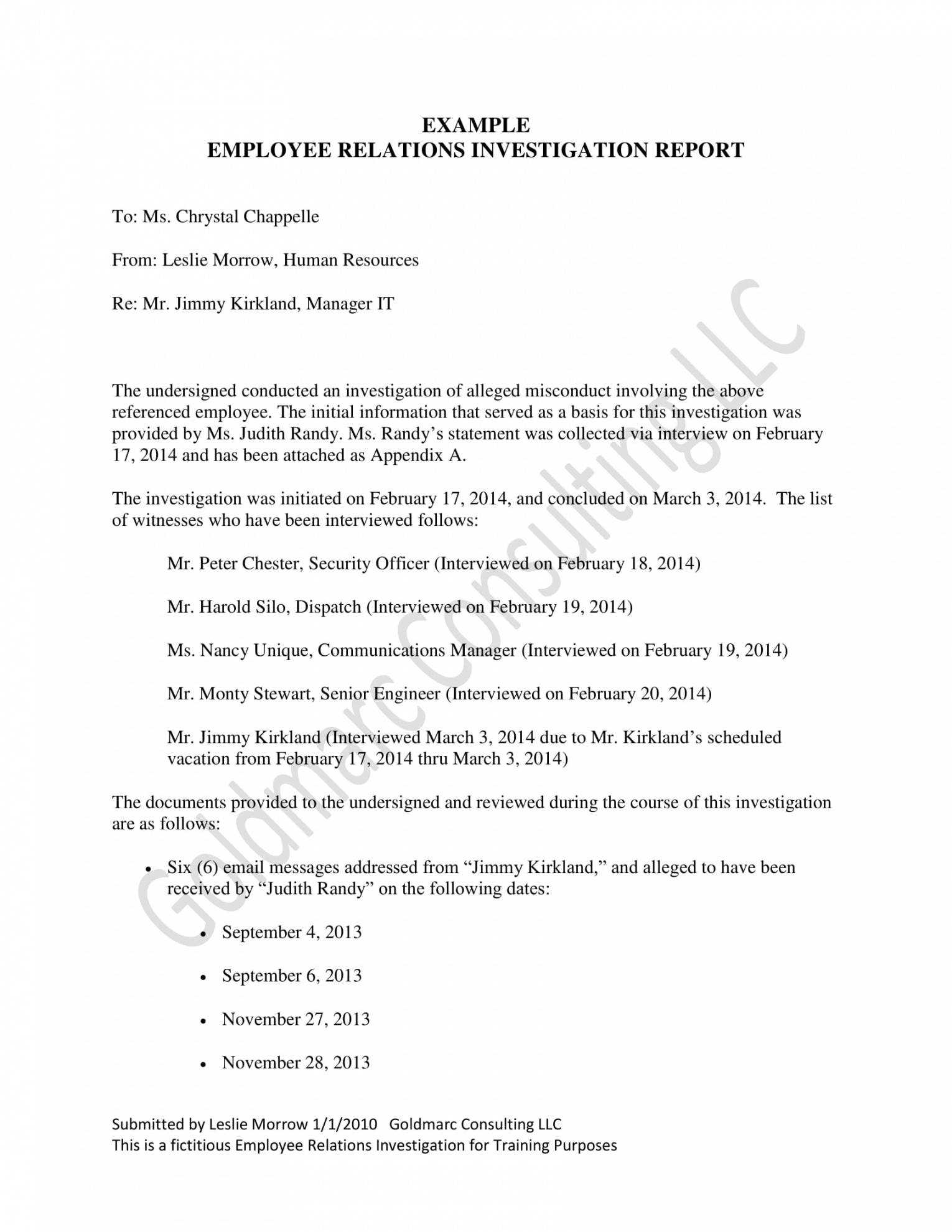 Free 10 Workplace Investigation Report Examples Pdf Examples Intended For Hr Investigation Report Template