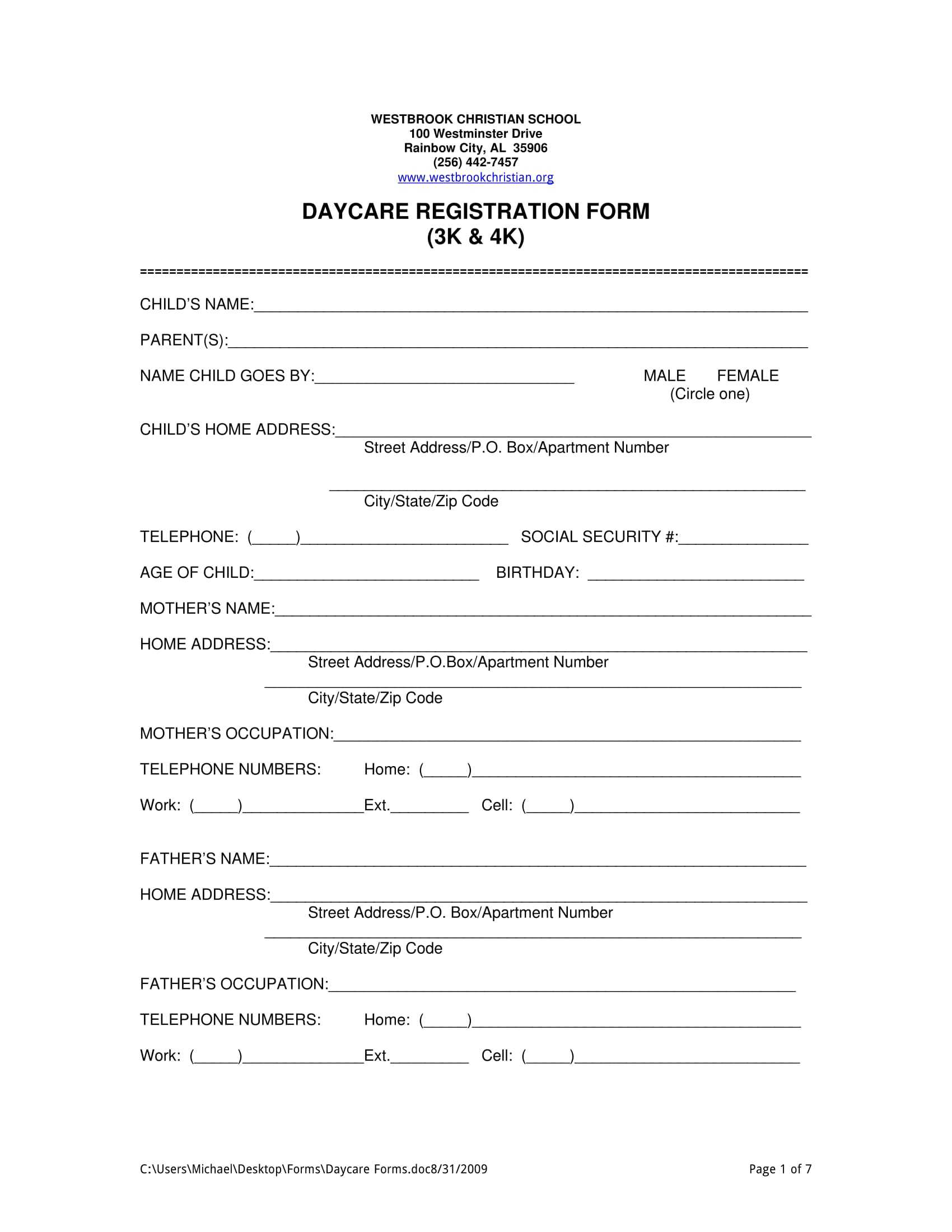Free 11+ Daycare Registration Forms In Pdf | Ms Word With Regard To School Registration Form Template Word