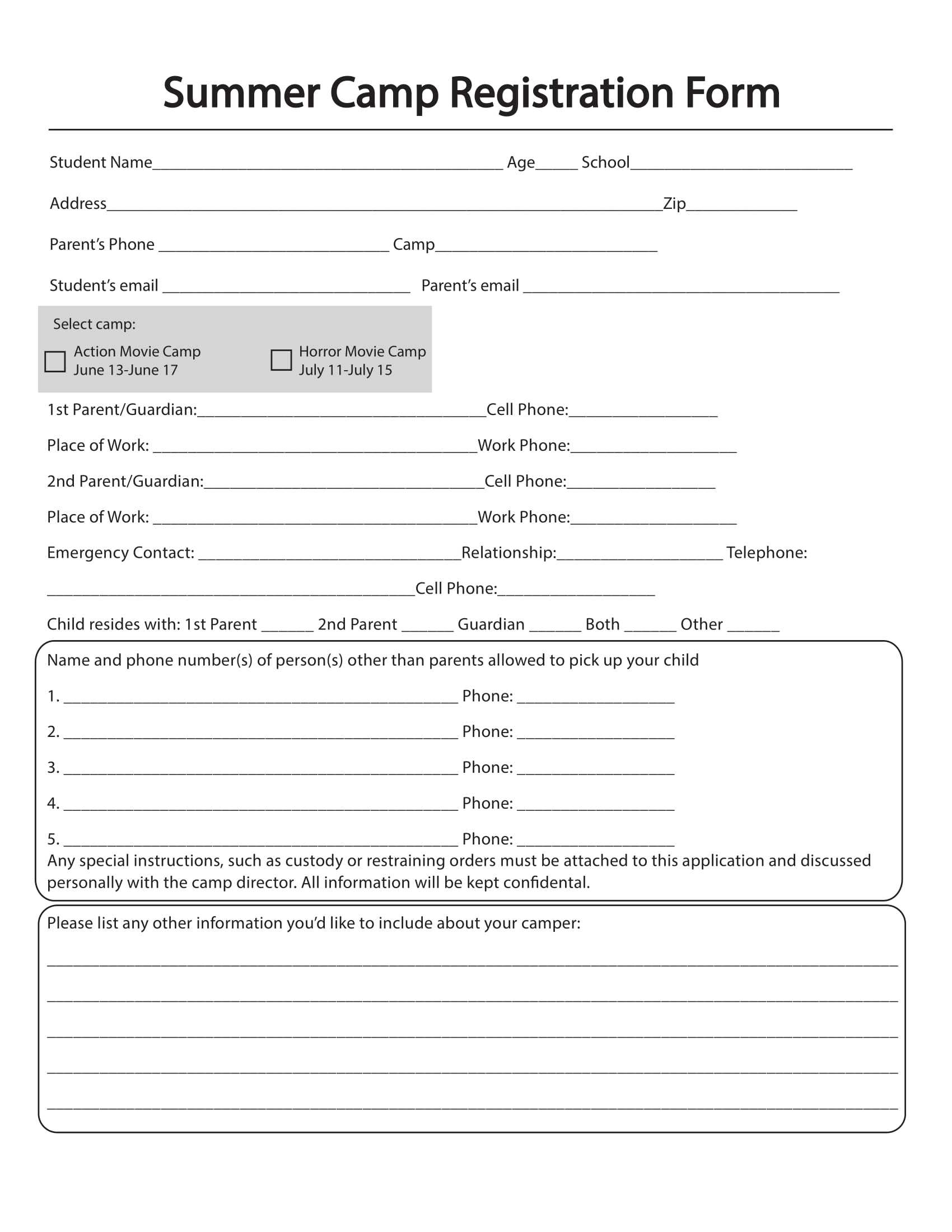 Free 11+ Printable Summer Camp Registration Forms In Pdf Inside School Registration Form Template Word