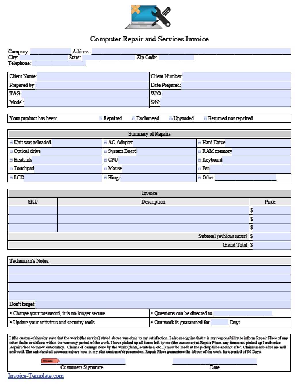 Free Computer Repair Service Invoice Template | Pdf | Word Inside Computer Maintenance Report Template