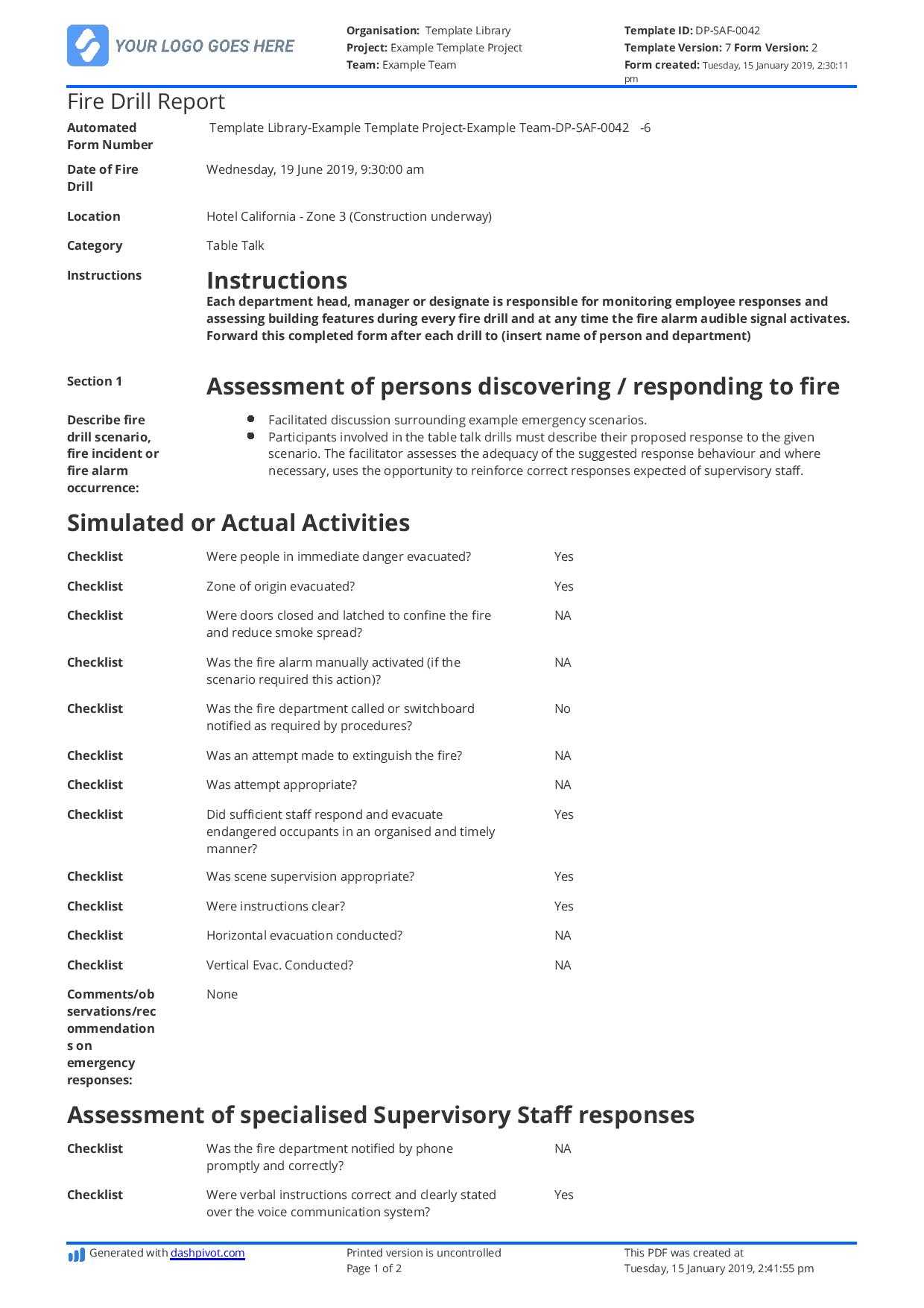 Free Fire Drill Report Template – Use, Customise, Download With Fire Evacuation Drill Report Template