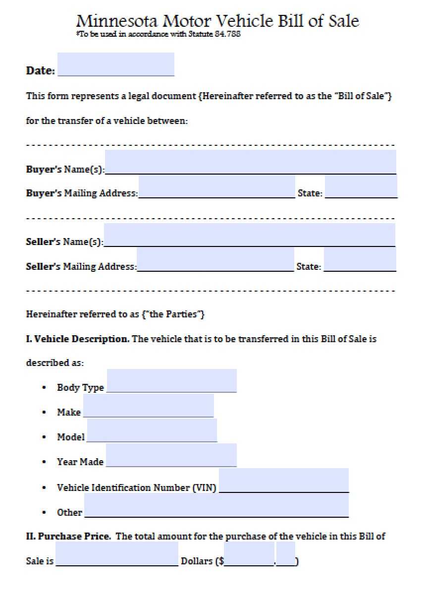 Free Minnesota Motor Vehicle Bill Of Sale Form | Pdf | Word Within Vehicle Bill Of Sale Template Word
