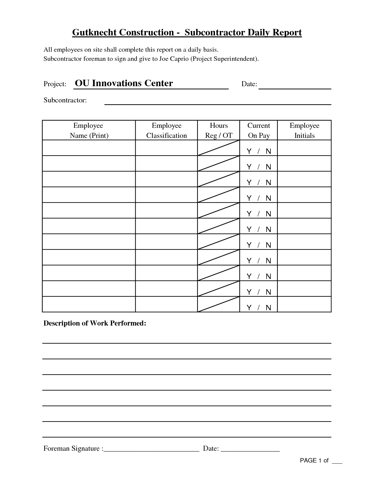 Free Printable Construction Daily Work Report Template For Superintendent Daily Report Template