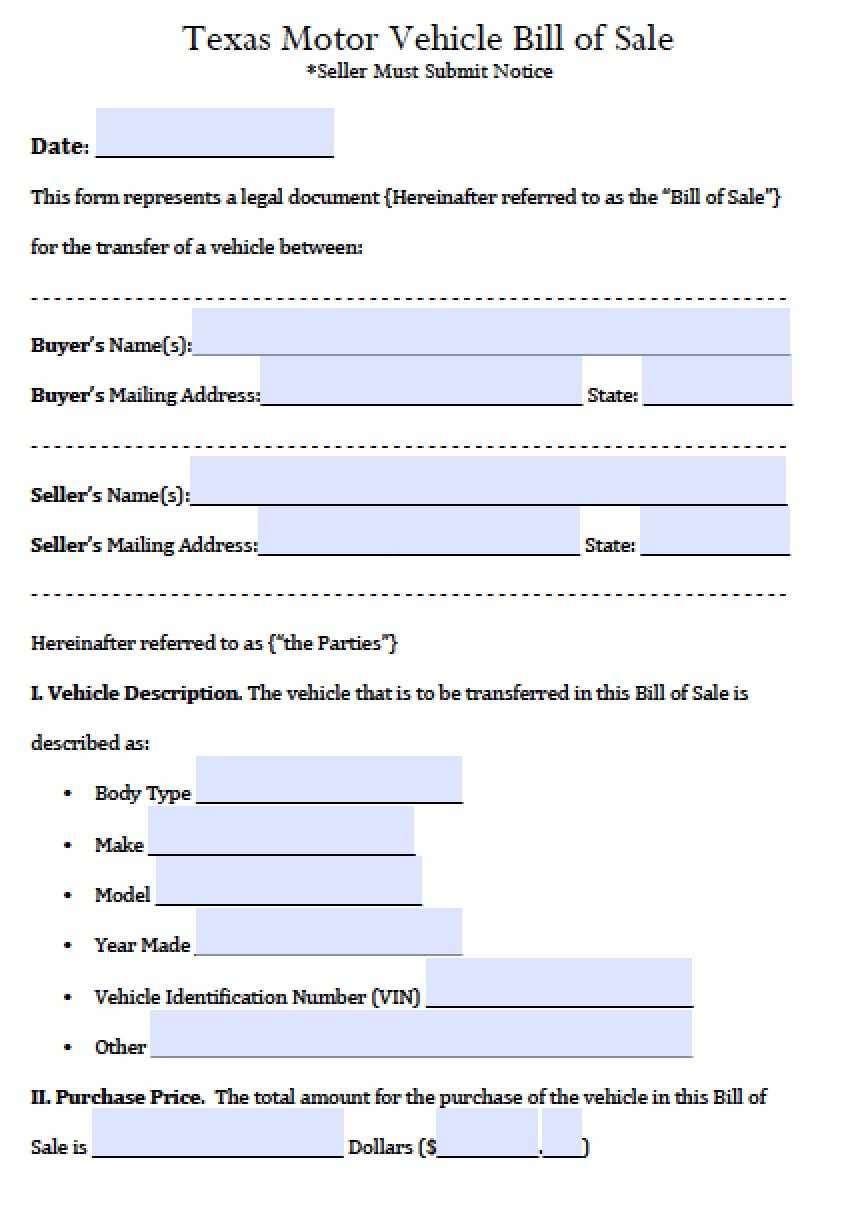 Free Texas Motor Vehicle Bill Of Sale Form | Pdf | Word (.doc) For Car Bill Of Sale Word Template