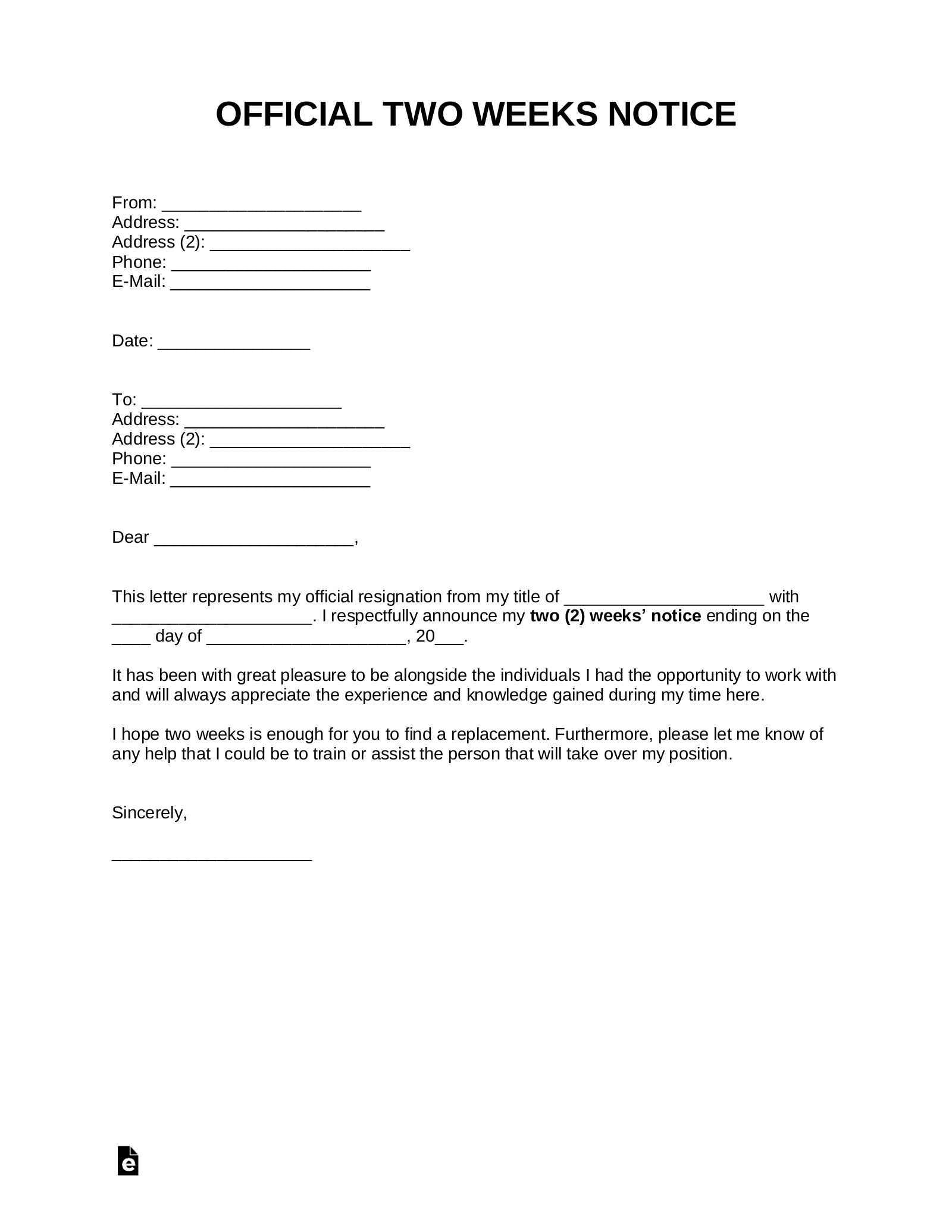 Free Two Weeks Notice Letter | Templates & Samples – Pdf Throughout Two Week Notice Template Word