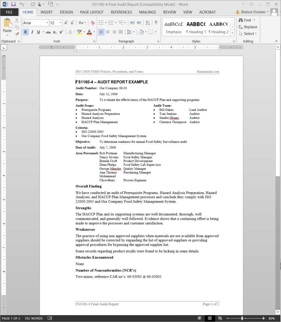 Fsms Audit Report Example Template | Fds1160 4 Inside Iso 9001 Internal Audit Report Template
