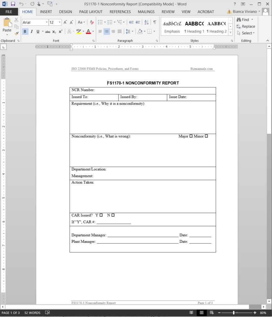 Fsms Nonconformity Report Template | Fds1170 1 Within Internal Audit Report Template Iso 9001