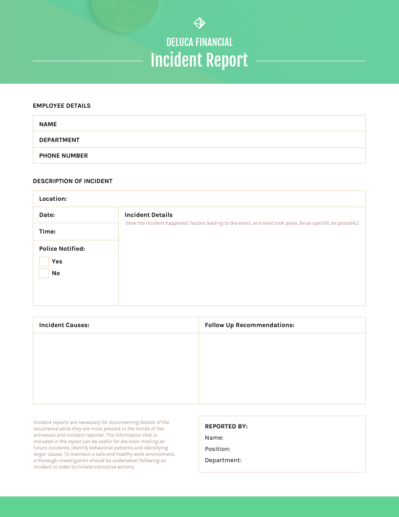 Green Incident Report Template Intended For After Event Report Template