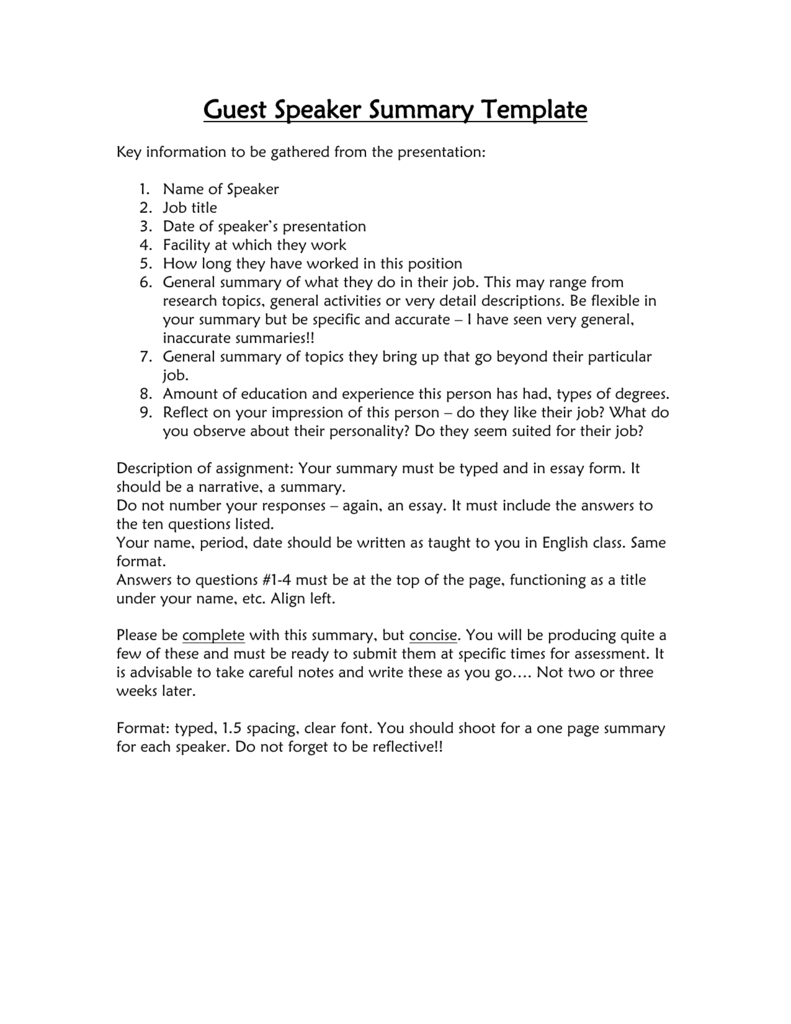 Guest Speaker Summary Template In One Page Book Report Template