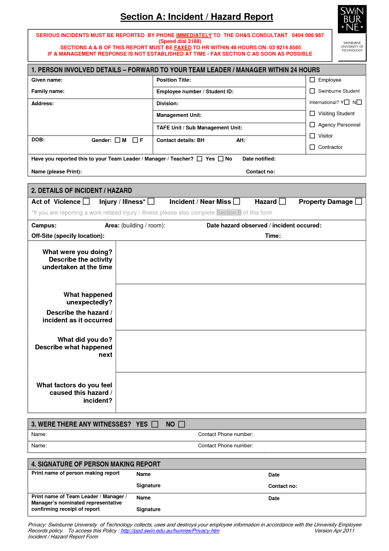 Hazard Incident Report Form Template - Business Template Ideas Within Hazard Incident Report Form Template