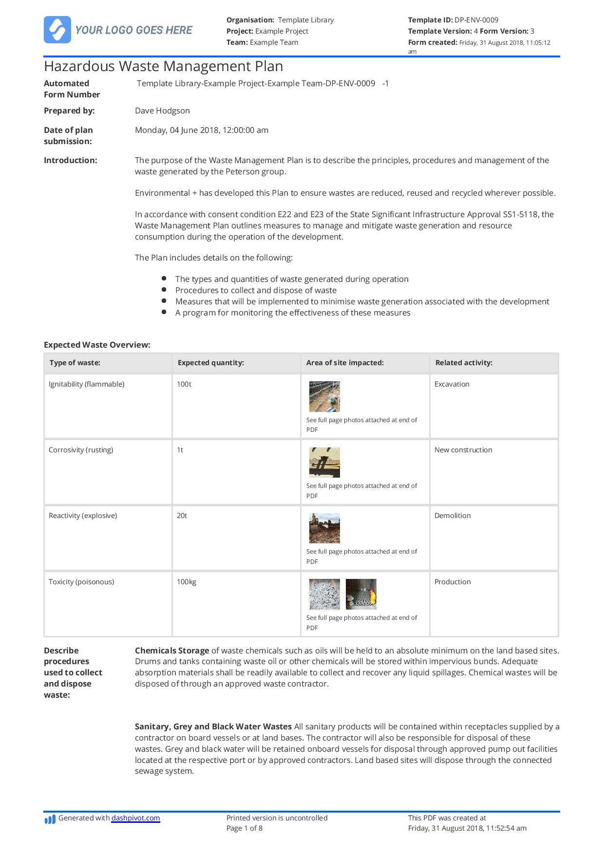 Hazardous Waste Management Plan Template - Free And Editable Pertaining To Waste Management Report Template