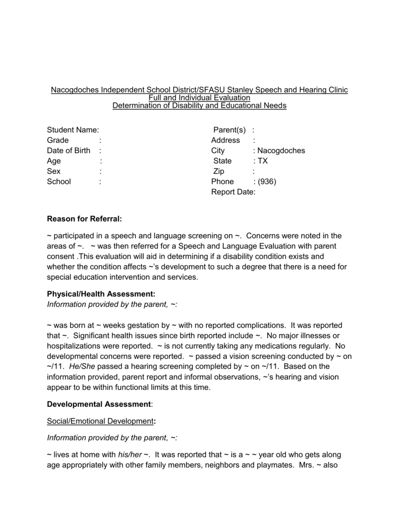 Head Start Evaluation Template In Speech And Language Report Template