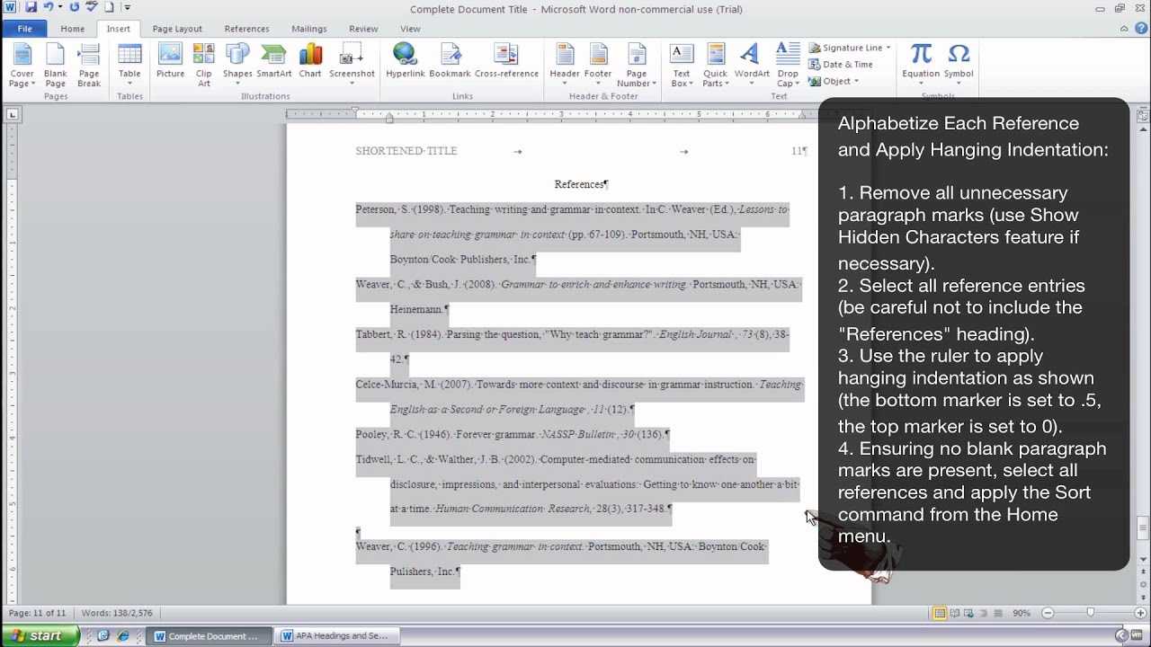 How To Format An Apa Style References Page Using Ms Word 2010 (Windows) Regarding Apa Template For Word 2010