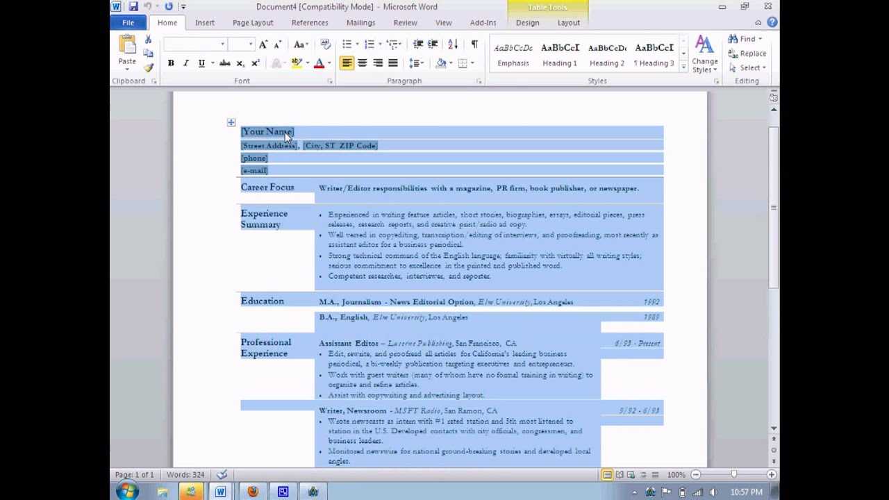 How To Make A Resume In Microsoft Word 2010. – Youtube Inside Resume Templates Word 2010