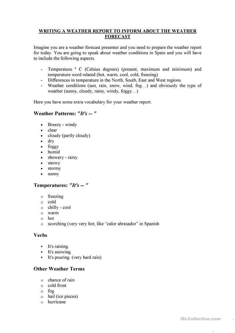 How To Write A Weather Report - English Esl Worksheets For For Kids Weather Report Template