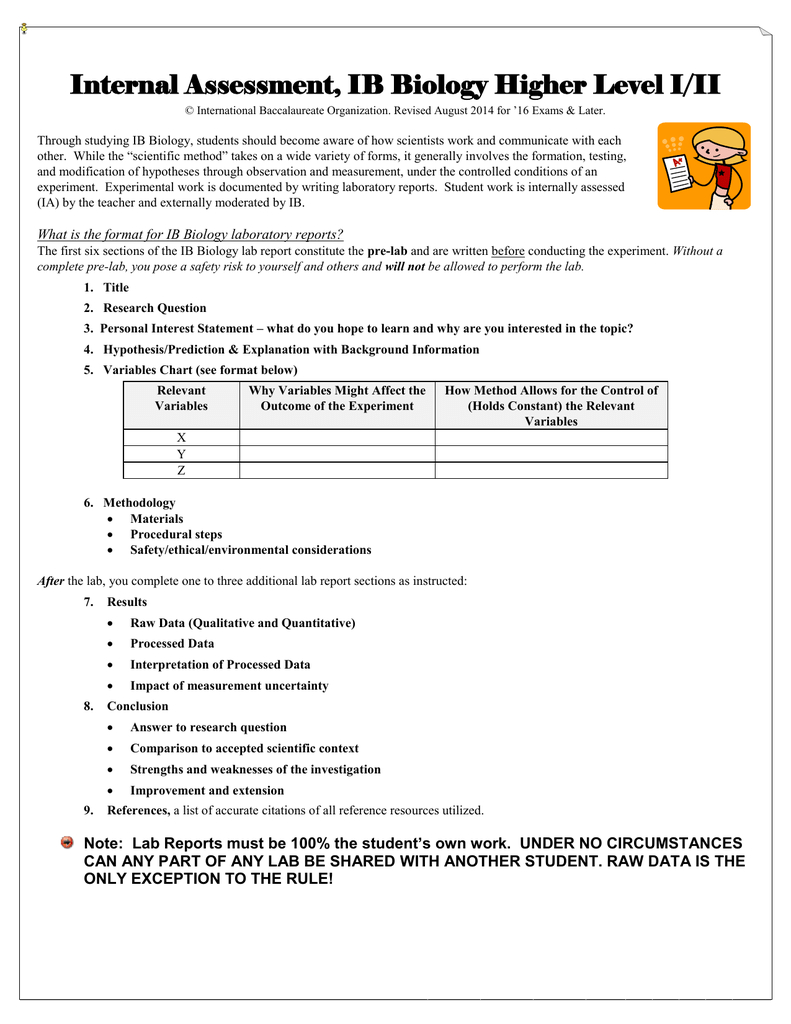 Internal Assessment Cover Sheets, Ib Biology I/ii With Ib Lab Report Template