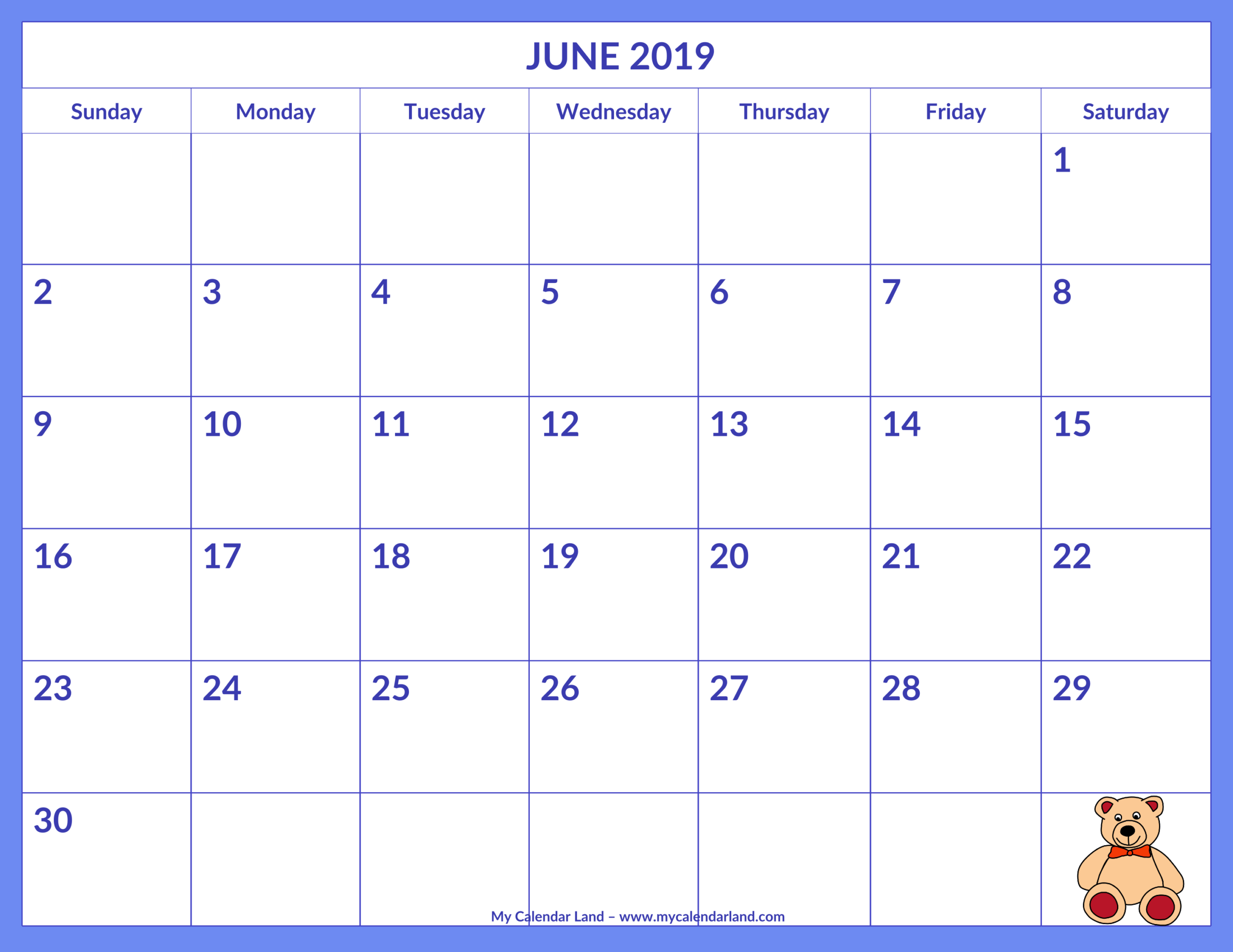June 2019 Calendar – My Calendar Land Throughout Blank Calendar Template For Kids