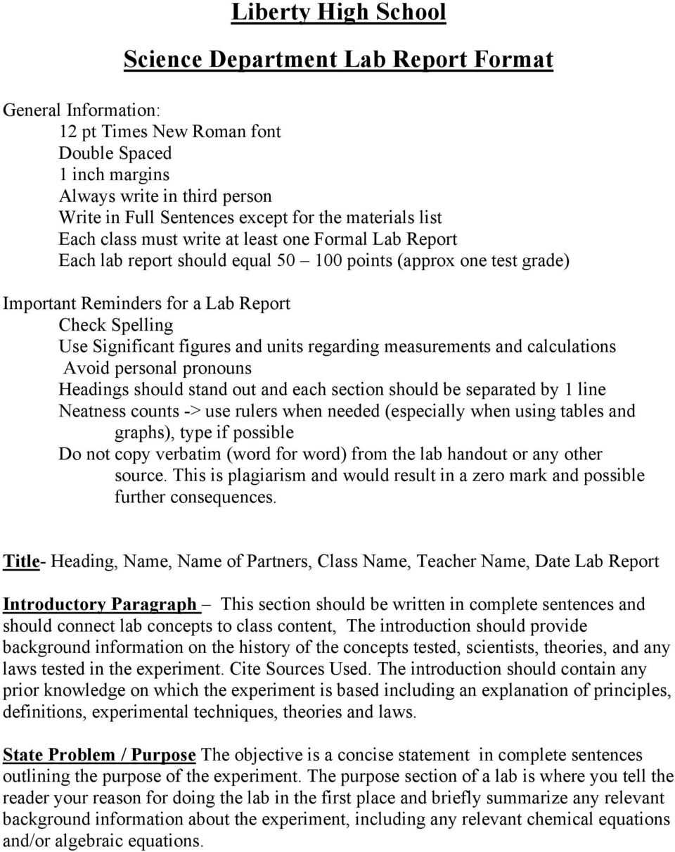 Liberty High School Science Department Lab Report Format In Lab Report Template Middle School