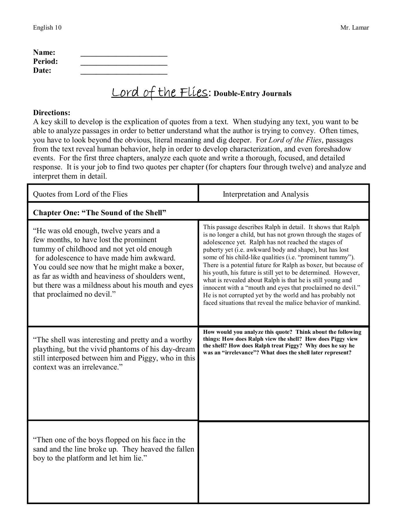 Lord Of The Flies:::: Double Entry Journals Pages 1 – 10 Within Double Entry Journal Template For Word