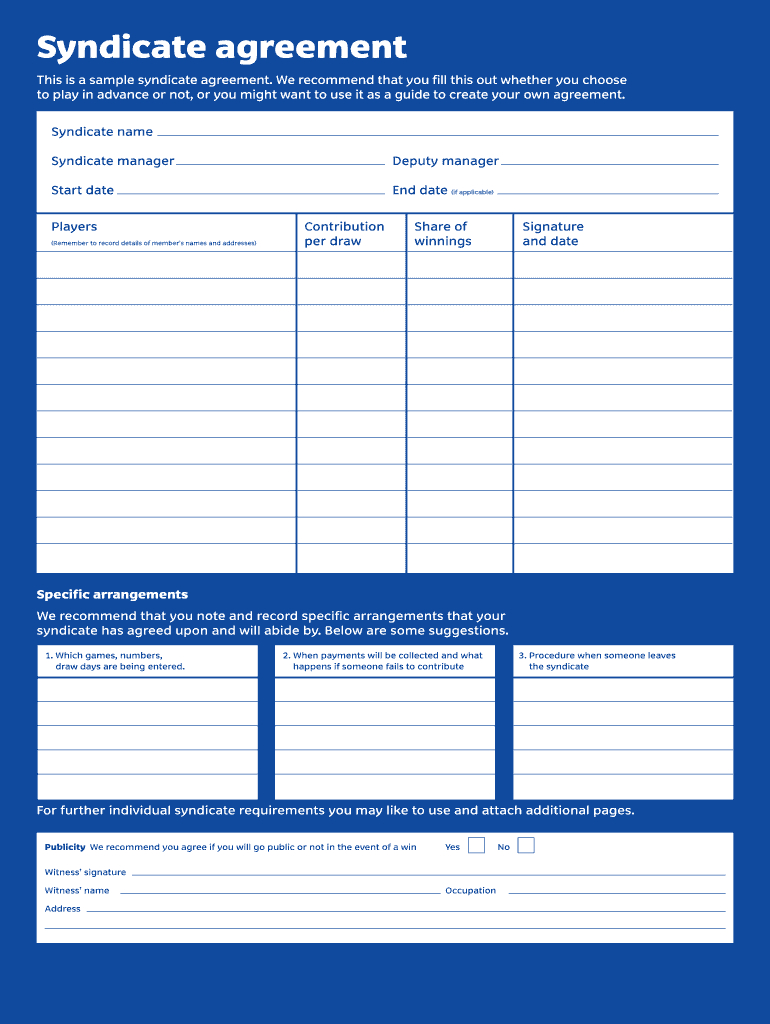 Lottery Syndicate Form - Fill Online, Printable, Fillable For Lottery Syndicate Agreement Template Word