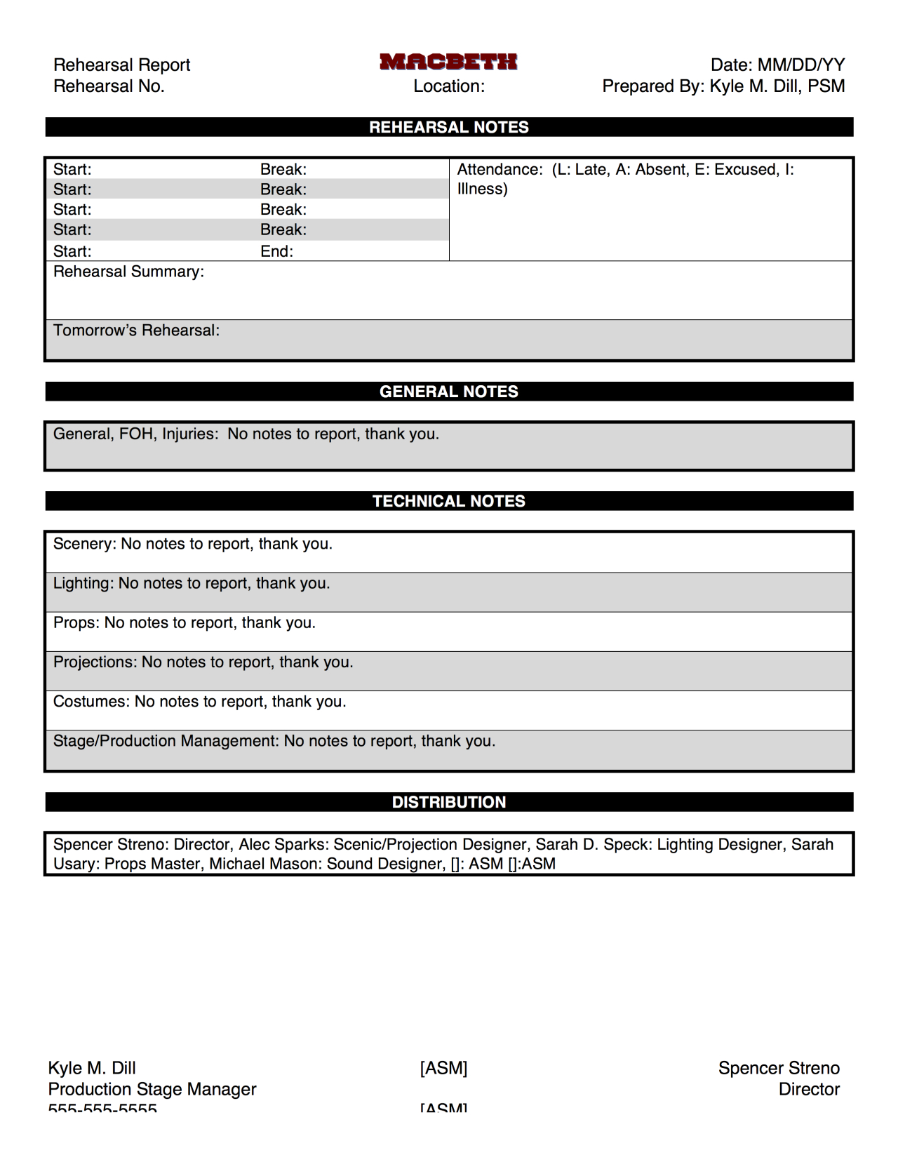 Macbeth@su Production Blog — Here's The Template For Our Throughout Rehearsal Report Template