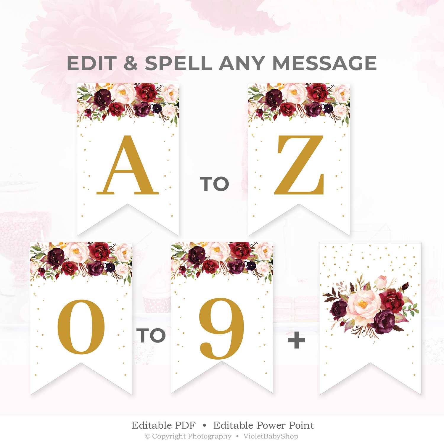 Marsala Custom Party Banner Template, Printable Burgundy Floral Pennant,  Blush Floral Baby Shower Banner Template Instant Download Mgfs6 Throughout Baby Shower Banner Template
