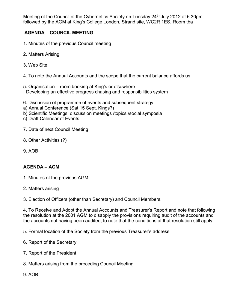 Meeting Of The Council Of The Cybernetics Society On Tuesday Within Treasurer's Report Agm Template