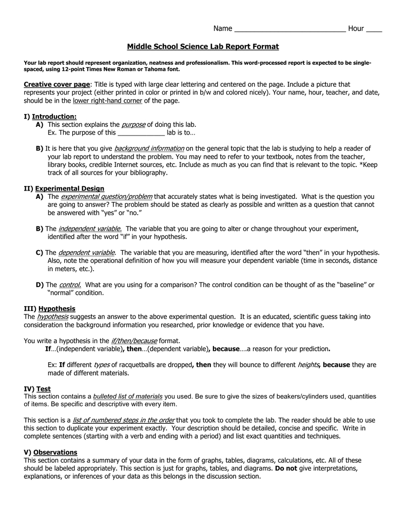 Middle School Science Lab Report Format Pertaining To Lab Report Template Middle School
