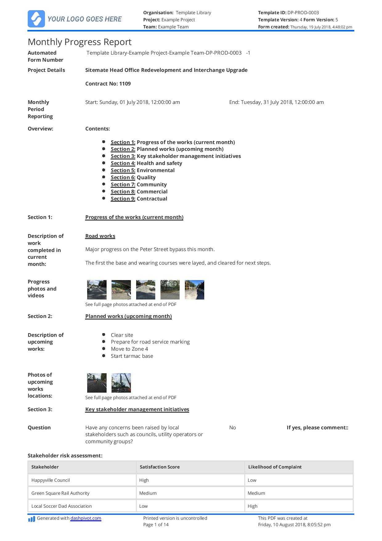 Monthly Construction Progress Report Template: Use This Throughout Progress Report Template For Construction Project