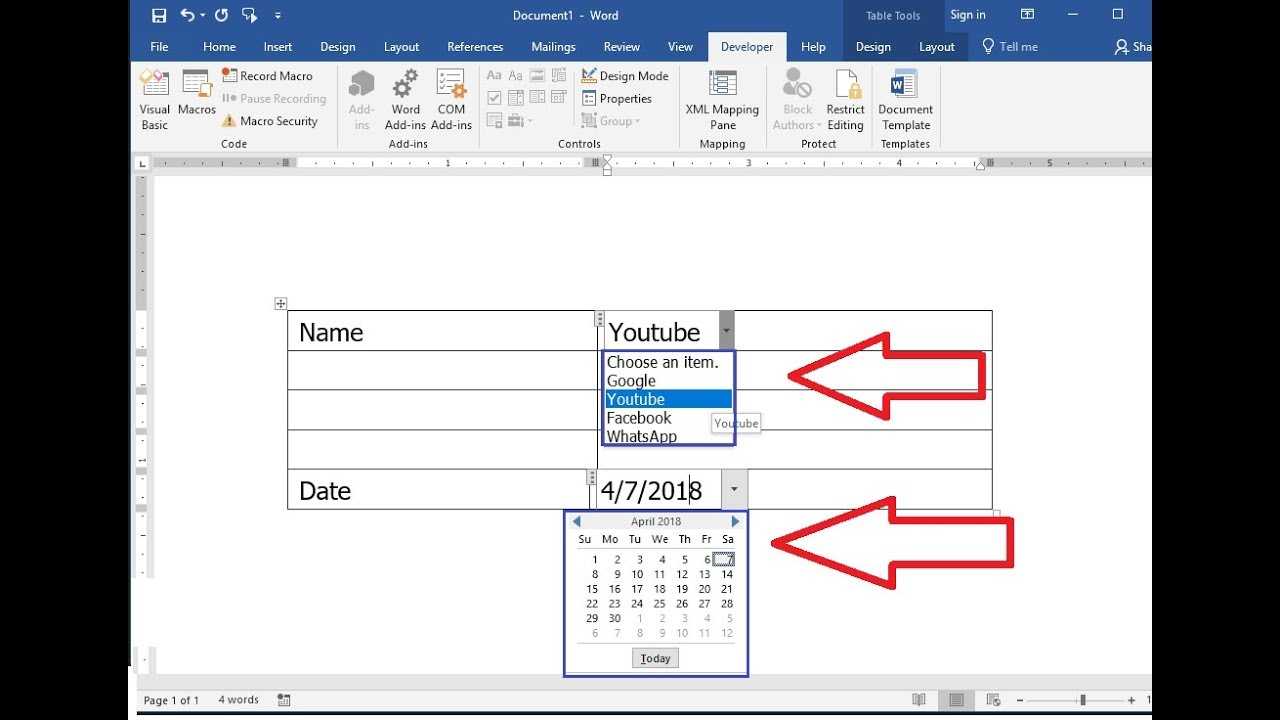 Ms Word: How To Create Drop Down List Of Date Calendar & Name Intended For Word 2010 Templates And Add Ins