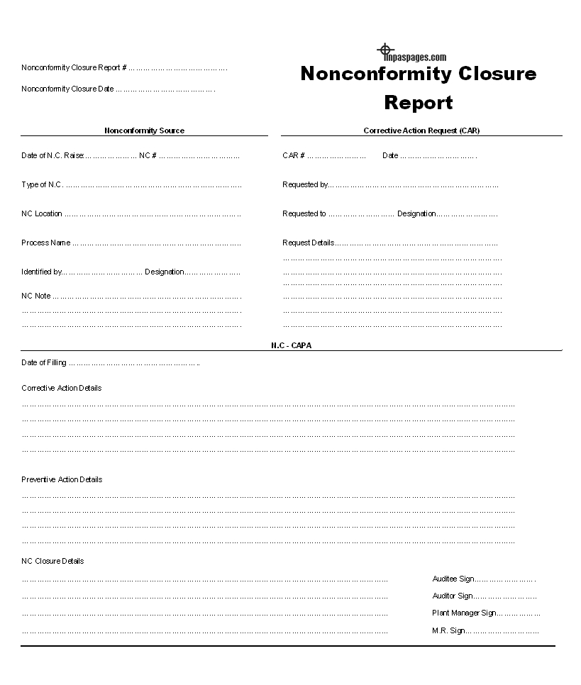Nonconformity Closure Report Format In Closure Report Template