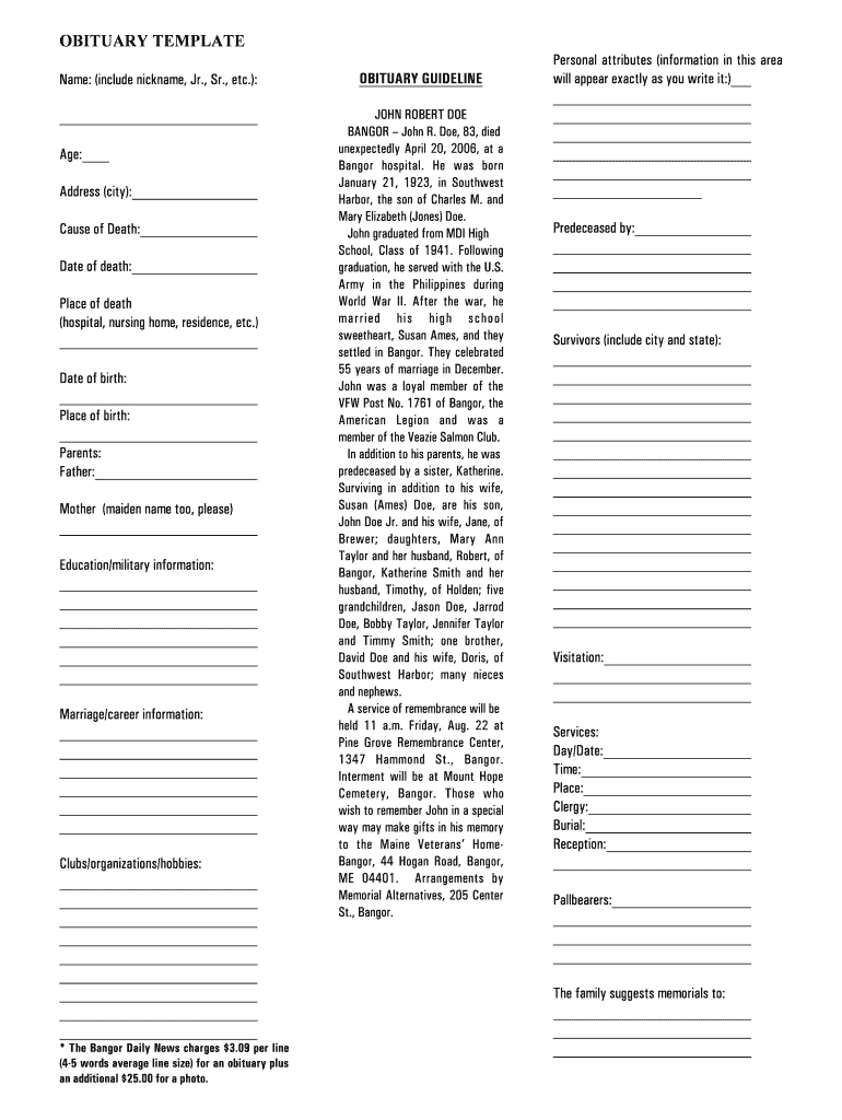 Obituary Template – Fill Online, Printable, Fillable, Blank For Free Obituary Template For Microsoft Word