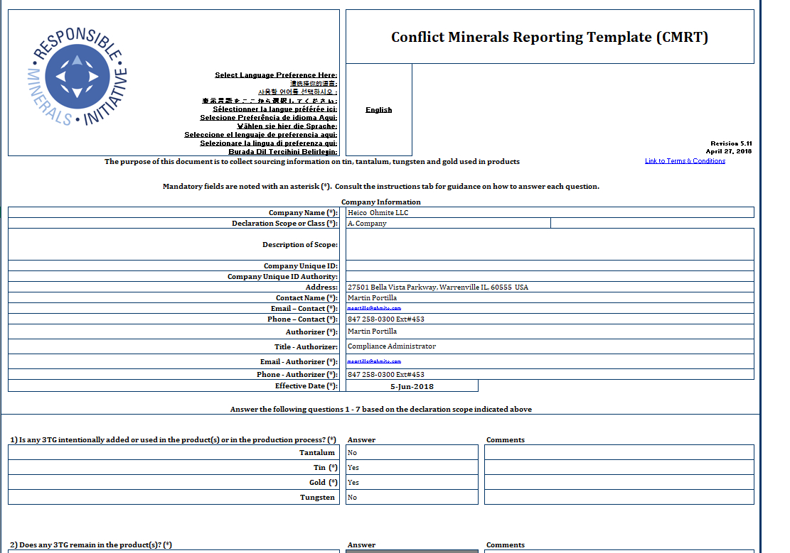 Ohmite - Conflict Minerals Reporting Template (Cmrt) - Rell Inside Conflict Minerals Reporting Template