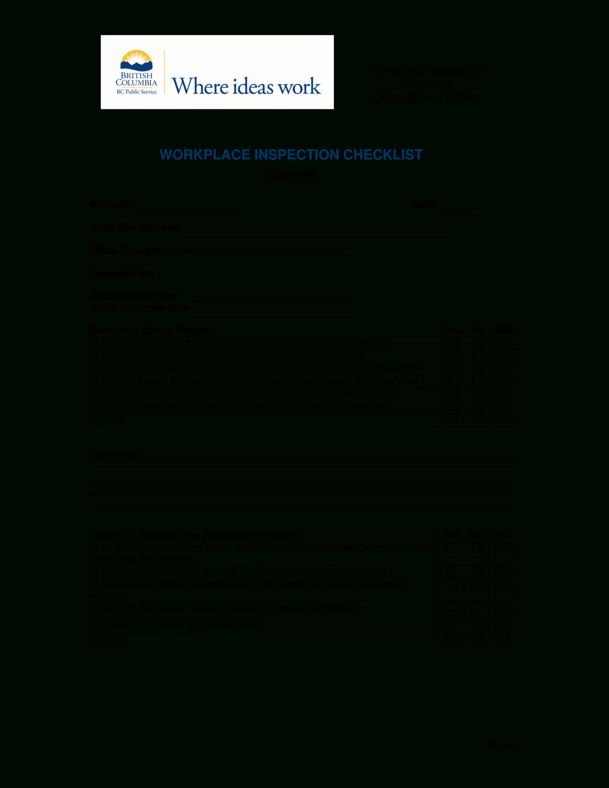 Ohs Monthly Report Template Audit Hazard Inspection Checklist Regarding Ohs Monthly Report Template