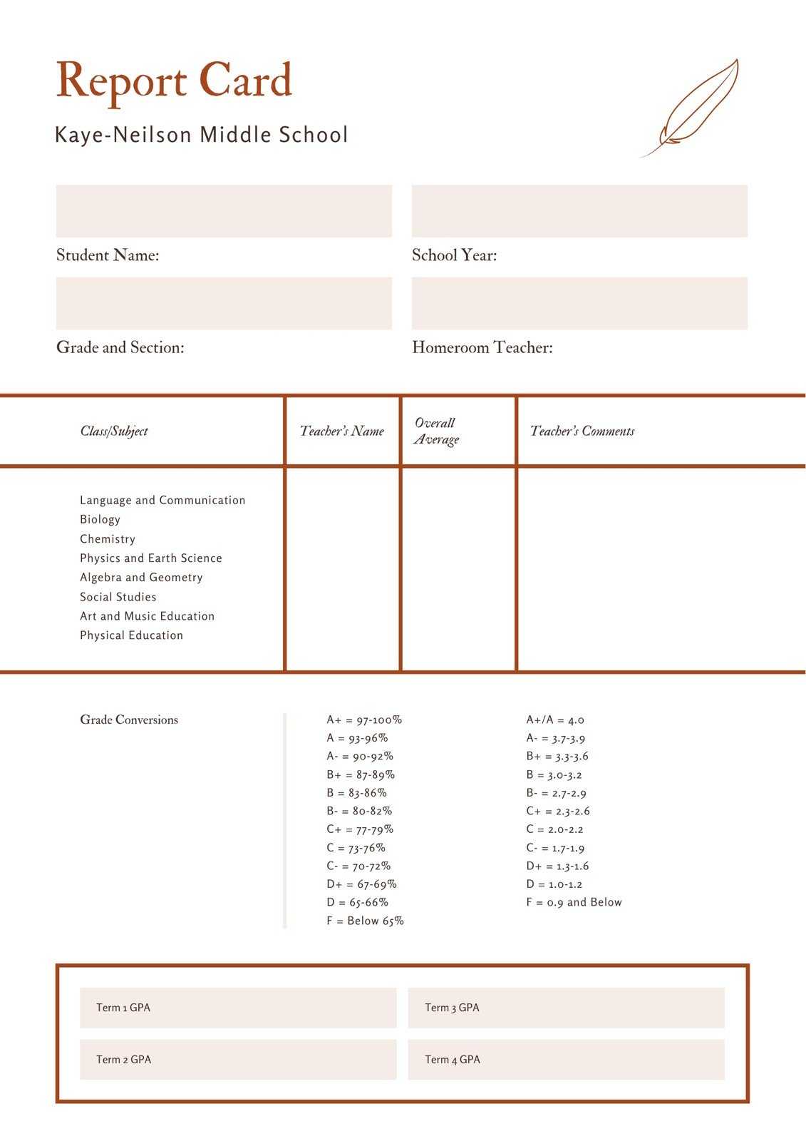Orange And White Paper And Quill Middle School Report Card Pertaining To Middle School Report Card Template