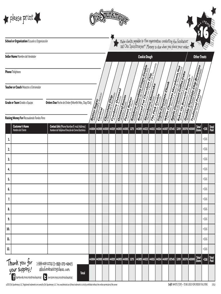 Otis Spunkmeyer Fundraiser Online Orders – Fill Online Throughout Blank Fundraiser Order Form Template