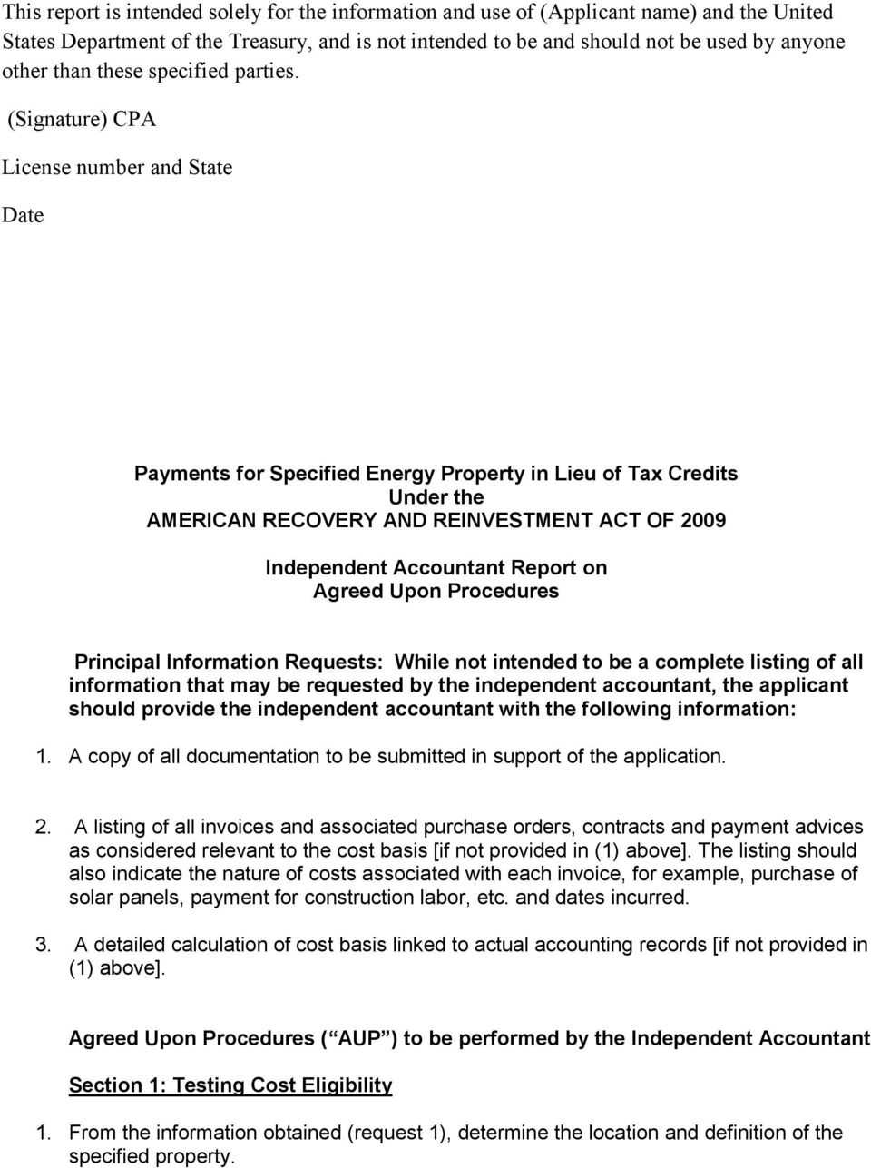 Payments For Specified Energy Property In Lieu Of Tax Inside Agreed Upon Procedures Report Template