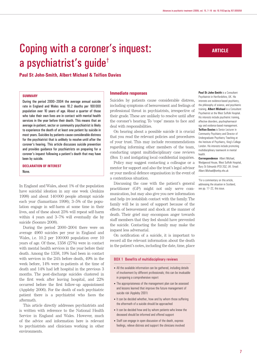 Pdf) Coping With A Coroner's Inquest: A Psychiatrist's Guide For Coroner's Report Template