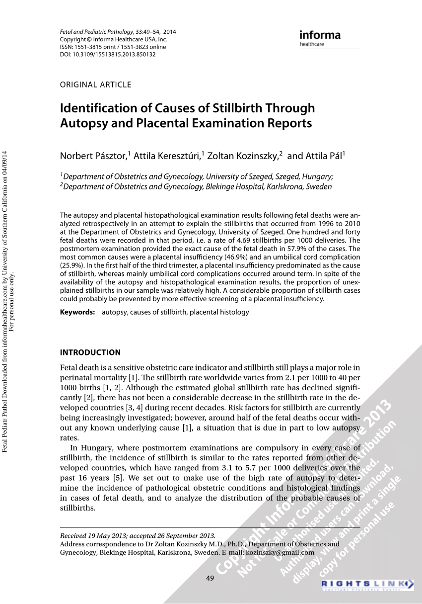 Pdf) Identification Of Causes Of Stillbirth Through Autopsy With Autopsy Report Template