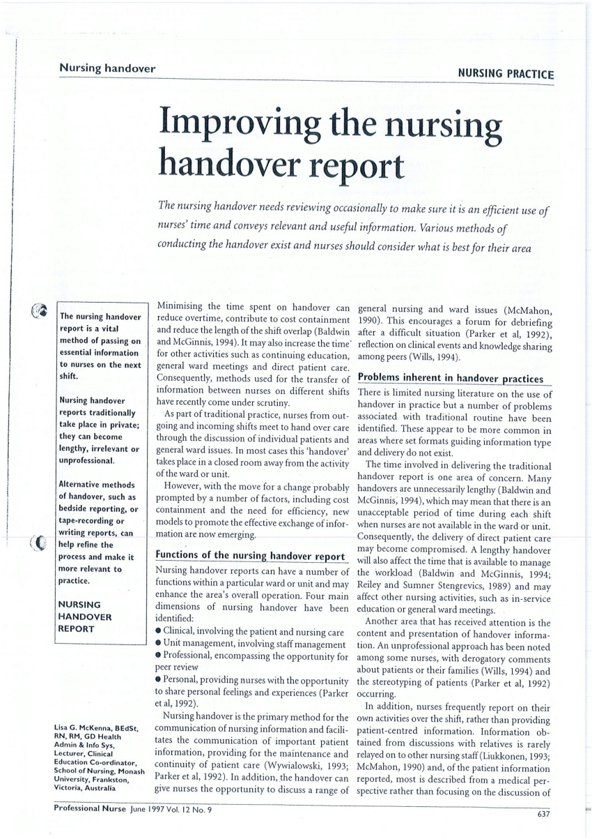 Pdf) Improving The Nursing Handover Report With Regard To Nurse Report Template