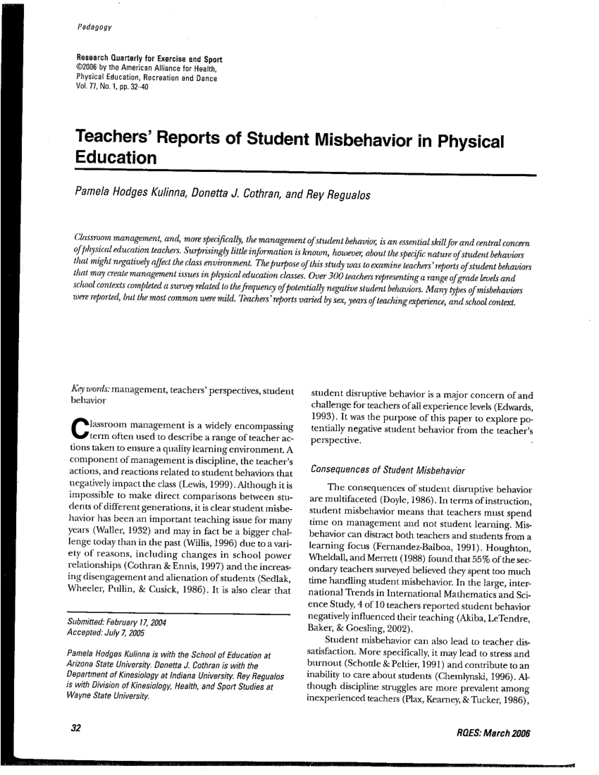 Pdf) Teachers' Reports Of Student Misbehavior In Physical Intended For Pupil Report Template
