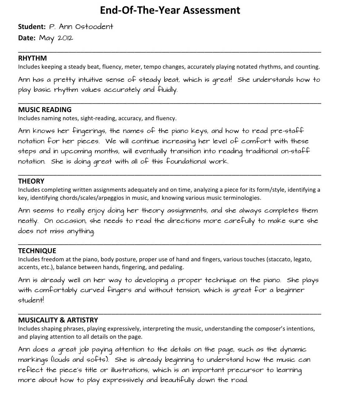 Piano Student End Of The Year Evaluations - Color In My Piano Throughout Pupil Report Template
