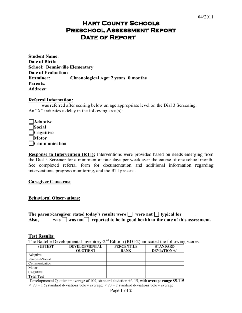 Preschool Evaluation Report Template Within Intervention Report Template