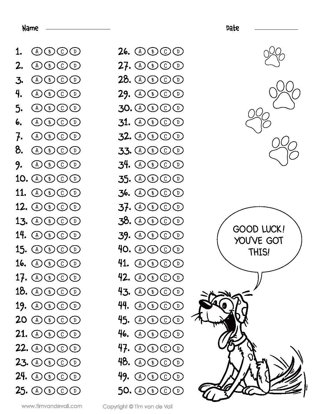 Printable 50 Question Answer Sheet Pdf – Multiple Choice A B C D Regarding Blank Answer Sheet Template 1 100