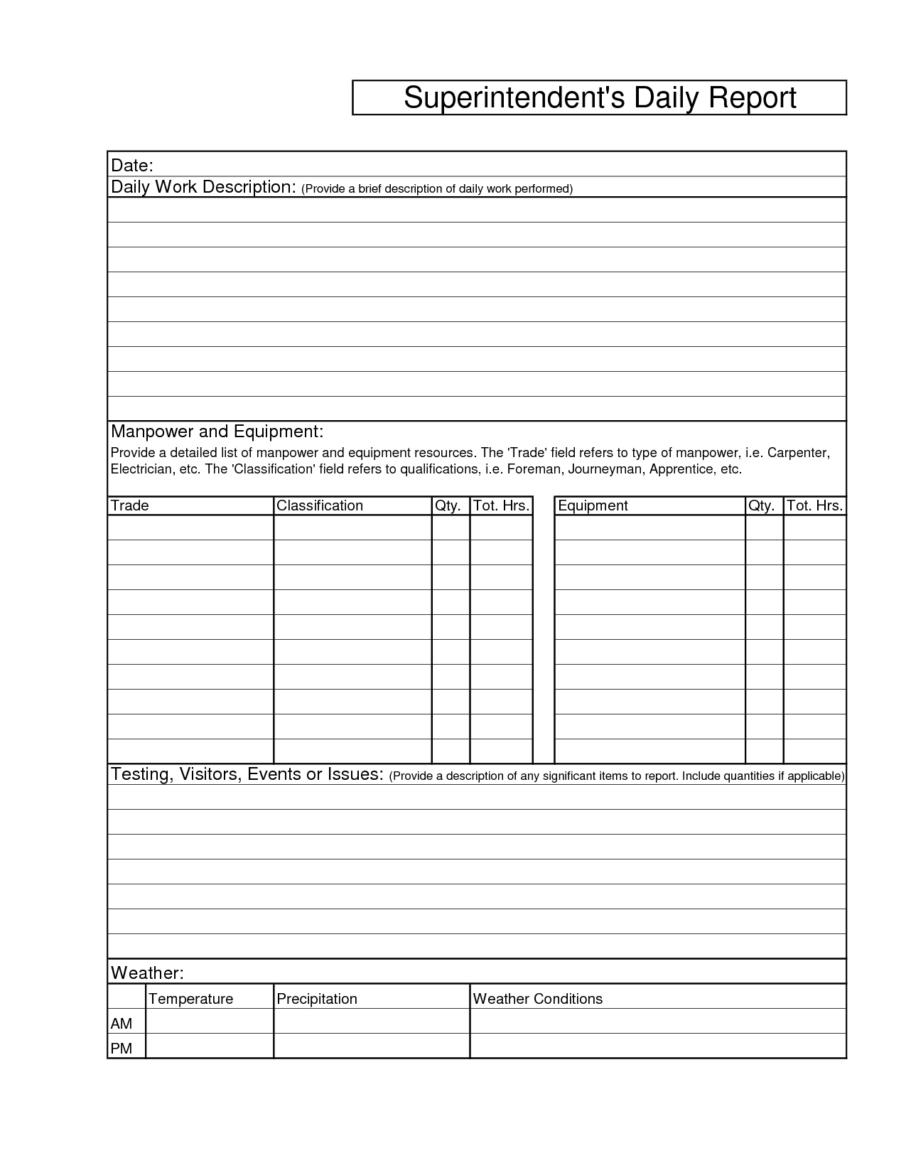 Printable Blank Superintendents Daily Report Sample And With Regard To Construction Daily Report Template Free