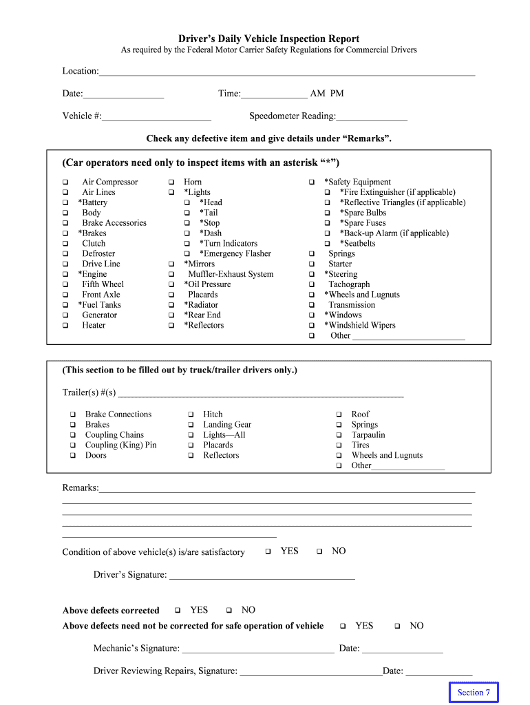 Printable Driver Vehicle Inspection Report Form – Fill Pertaining To Daily Inspection Report Template
