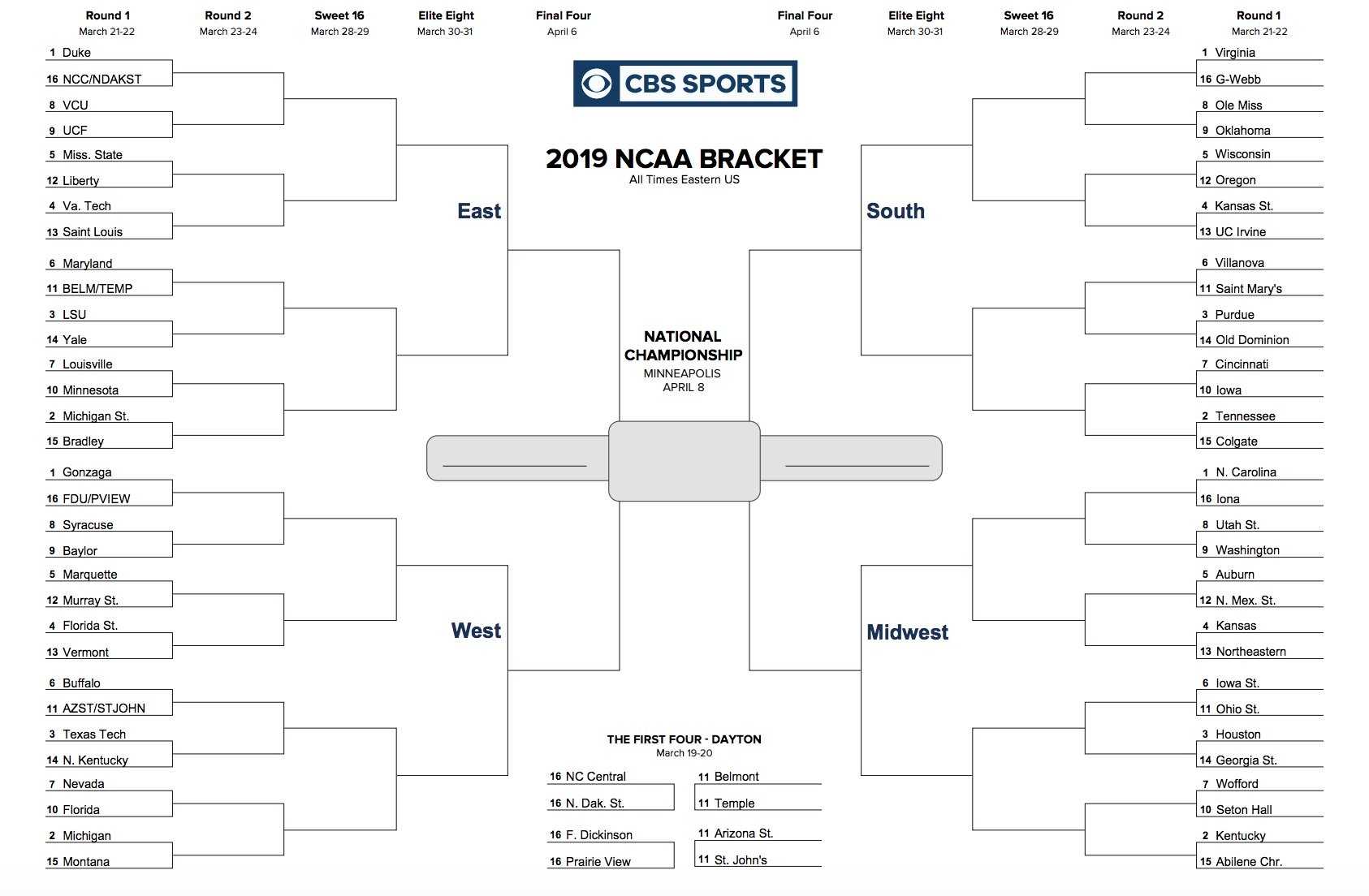 Printable Ncaa Tournament Bracket For March Madness 2019 With Regard To Blank March Madness Bracket Template