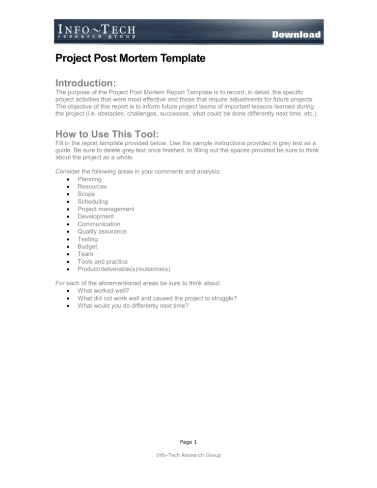 Project Post Mortem Template with regard to Post Project Report ...